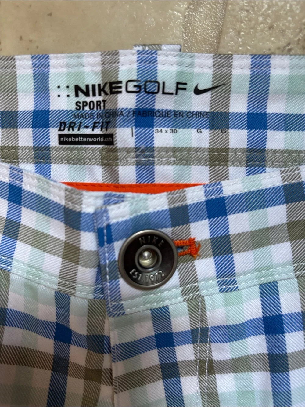 NWT Nike Golf Sport Blue White Plaid Performance Dri-Fit Mens 34x30 Pants